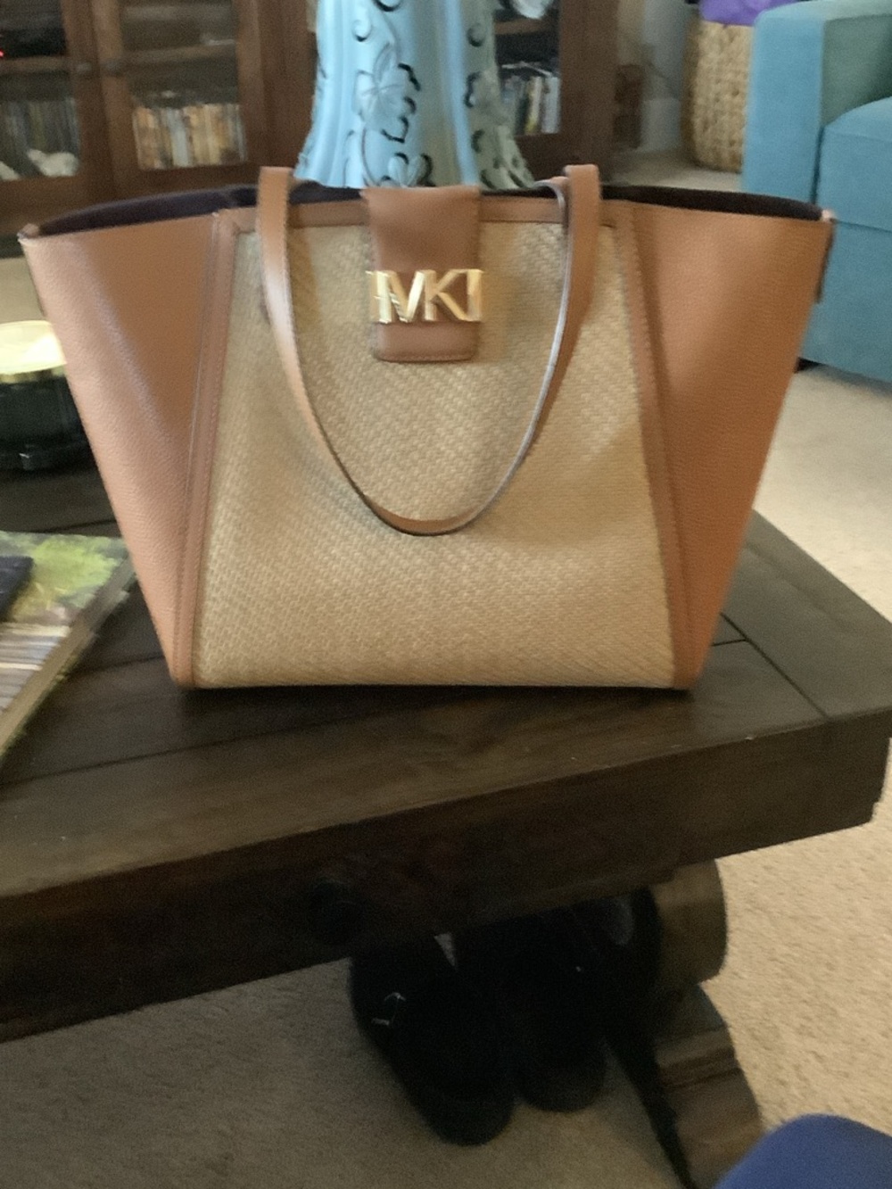 Michael Kors Tan & Natural Straw Tote with Gold MK Accent